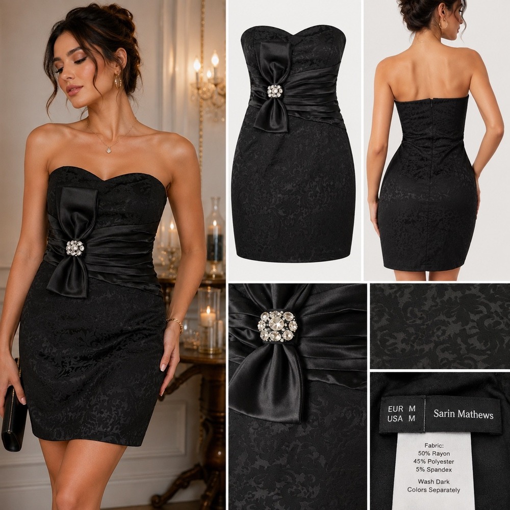 Sarin Mathews Black Damask Strapless Mini Dress Satin Bow Rhinestone Cocktail M